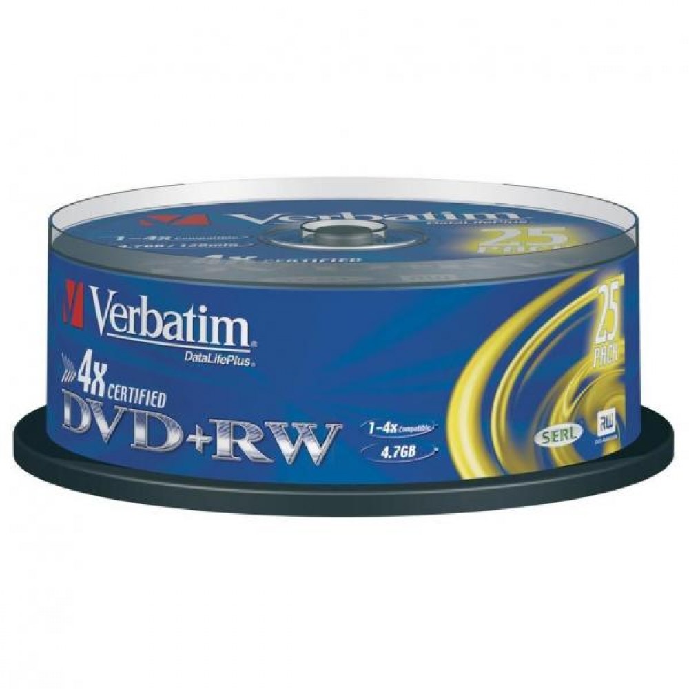 Verbatim DVD+RW 4x 4,7GB 25 p cake box DataLife+, scratch resist., bez nadruku